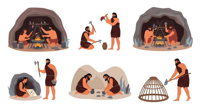 Primitive cavemen illustrations depict stone age life activities including fire making, cave painting, hunting, and tool construction.
