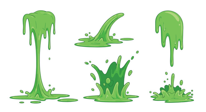Green slime drips and splashes in various forms illustrate a toxic, alien, or monstrous substance for creative horror projects.