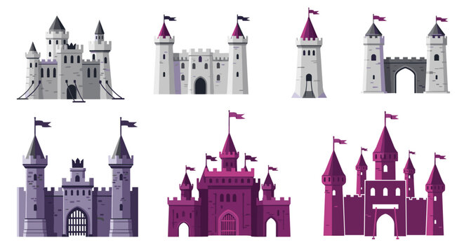 Medieval castle collection showcases various stone fortress designs with towers, flags, and battlements for fantasy gaming or history.