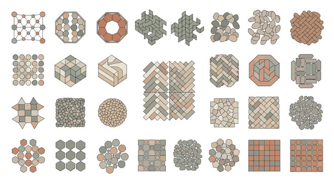 Abstract geometric tile patterns showcase various textures including pebbles, hexagons, and herringbone designs in earth tone colors.