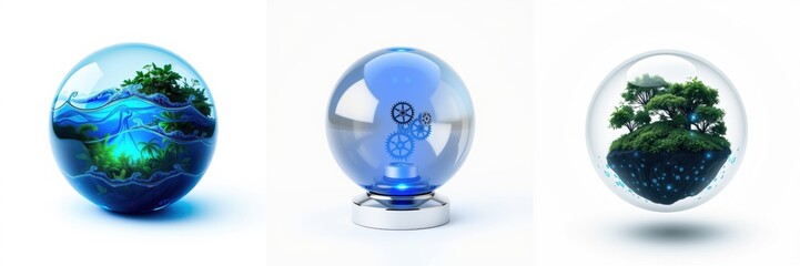 Obraz premium Three glowing spheres display miniature worlds. Ocean, gears, forest scenes contained within glass orbs. Bright blue illumination highlights details.