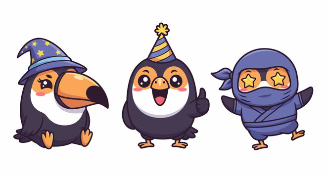 Three cartoon penguins in festive and ninja costumes.