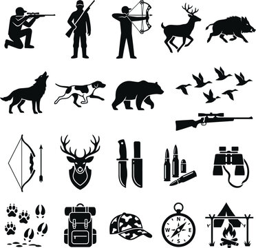 Hunting icons set featuring rifles archers deer boar wolf dog bear ducks binocular knife ammunition footprints backpack compass camping tent outdoor recreation vectors.