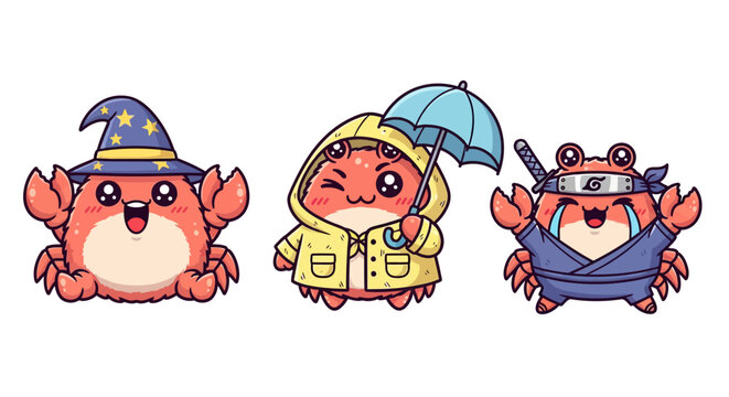 Three Cute Cartoon Crabs in Costumes and Accessories.