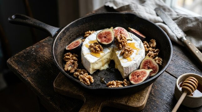 A rustic cast iron skillet sits on a weathered wooden table, showcasing a beautiful baked brie appetizer.