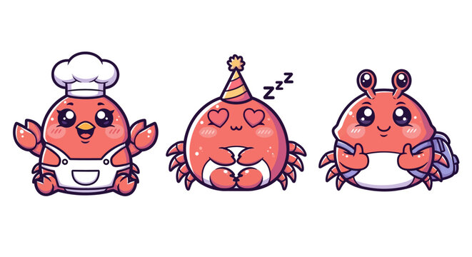 Cartoon Crab Characters in Different Outfits and Moods.