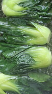 Boiling fresh pak choi or bok choy in hot bubbling water inside a pot. Top view shot