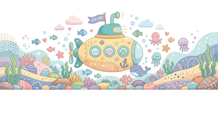 A whimsical yellow submarine navigates a colorful pastel ocean filled with friendly sea life like whales, octopuses, and vibrant coral reefs. © Regina