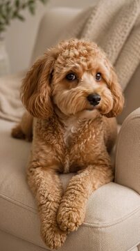 Vertical video of a fluffy golden dog resting on a beige sofa. Cute puppy looking around and blinking in a cozy living room. Domestic pet portrait