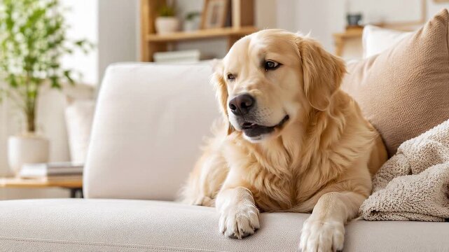 Golden Retriever dog resting on a sofa in a bright living room. Purebred pet panting and looking at the camera indoors. Domestic animal lifestyle concept