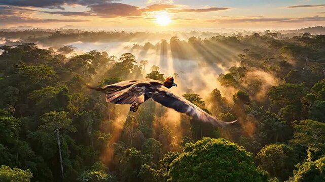 Majestic Javan Hawk-Eagle Gliding Above Lush Jungle Canopy at Sunrise, Illuminated by Morning Sunlight with Mist Rising in Tranquil Atmosphere