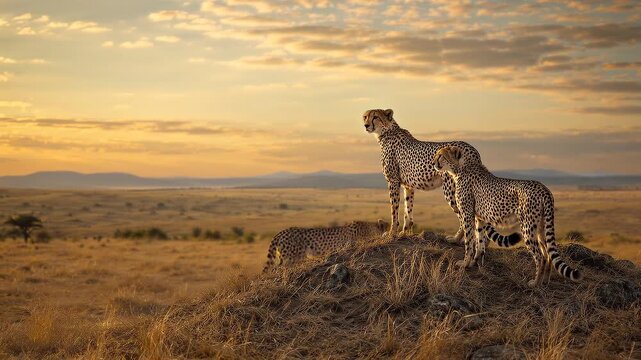 Three cheetahs standing on a mound in the African savanna at sunset. Wild big cats observing the grassy plains during golden hour. Wildlife safari landscape