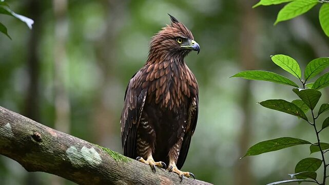 Majestic Javan Hawk-Eagle Perched In Lush Green Forest Performing A Slow Scanning Sequence From Its Branch