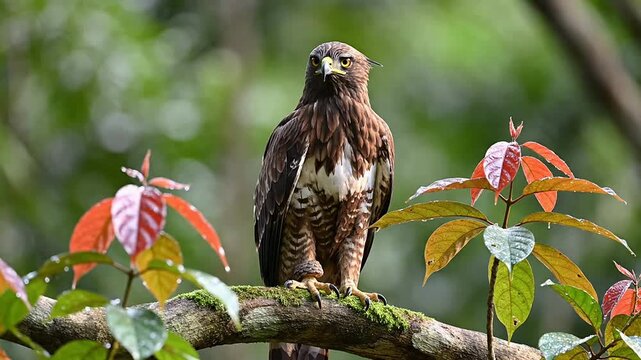 Majestic Javan Hawk-Eagle Perched Amongst Vibrant Red and Green Young Leaves in a Lush Forest Background, Capturing the Essence of Tropical Wildlife and Natural Beauty