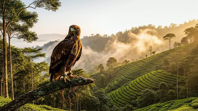 Majestic Javan Hawk-Eagle Perched on High Branch Overlooking Lush Green Tea Plantations in Early Morning Mist