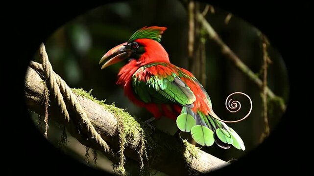Male Bird Of Paradise Displaying Vivid Plumage In Its Natural Forest Habitat Against A Dark Background