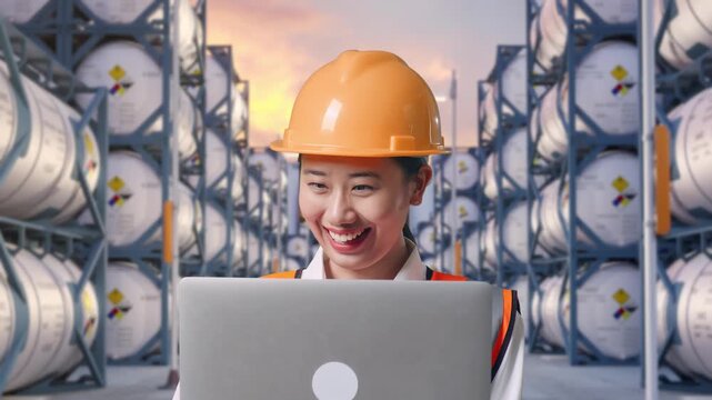 Close Up Of Asian Female Engineer With Safety Helmet Working On A Laptop While Standing at Industrial Chemical Tank Container Storage Facility
