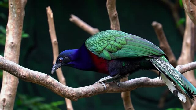 Male Bird-Of-Paradise Displays Vibrant Feathers On Branch In Natural Habitat, Showcasing Exotic Plumage And Colorful Display With Lowered Body Position