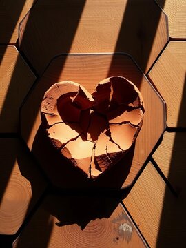 Cracked pottery shard heart centered on interlocking hexagonal wood blocks ,  cracked,  texture