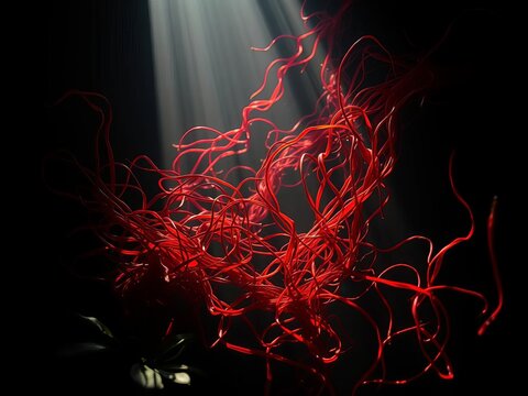 Luminous tangle of tom yum kung, scarlet spice threads weaving through shadowy depths,  Thai soup,  dark background