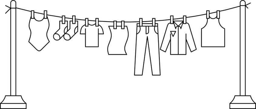 Minimalist line art clothesline with hanging garments, socks, shirt, pants, jacket, tank top, and bodysuit between poles. vector illustration