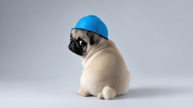 Cute Pug Puppy Wearing a Blue Safety Hard Hat on Grey Background