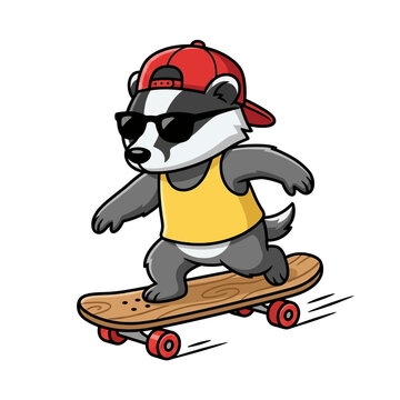 Cartoon badger on skateboard wearing sunglasses.
