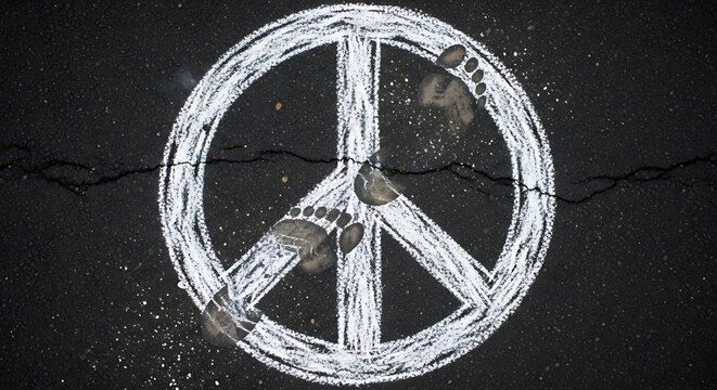 Peace sign graffiti on cracked wall.
