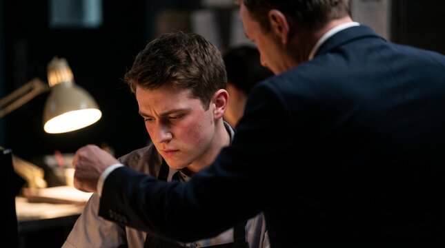 Stressed young employee looking down while his boss confronts him