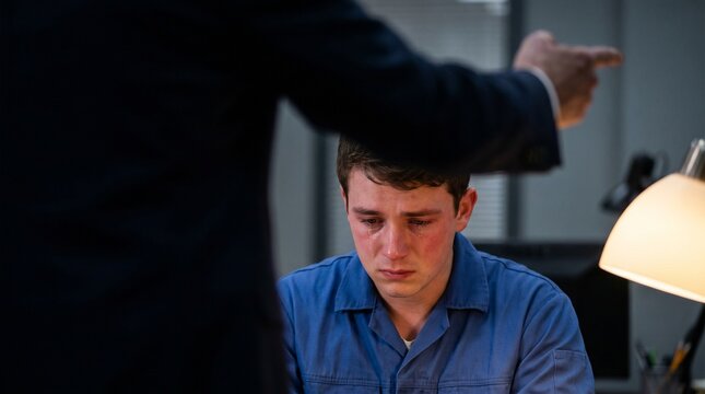 Close up of a young male worker crying while being scolded by his boss