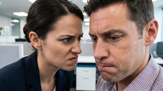 Extreme close up of an angry female manager staring down a sweating nervous employee