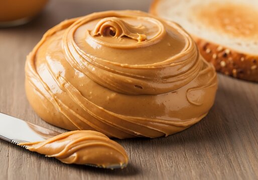Creamy spread with distinctive swirls rests beside a toasted grain slice on a wooden surface