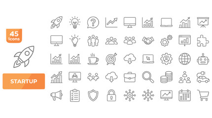 Startup icons arranged on a white background with a rocket ship element for business growth and innovation concepts © Shajan Set Stock