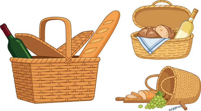 Wicker picnic basket vector illustration collection featuring woven hampers filled with wine bottles french baguette bread green grapes and outdoor dining food elements.