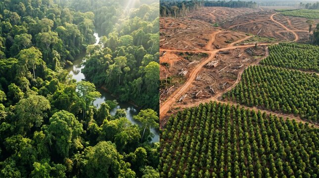 Split screen comparison of a lush green rainforest and a destroyed deforested land