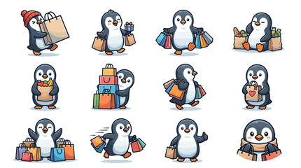 Fototapeta premium Penguins with shopping bags and gifts.