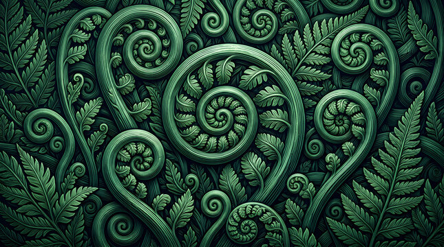 Close-up of intricate green fern fronds and unfurling fiddleheads spiral