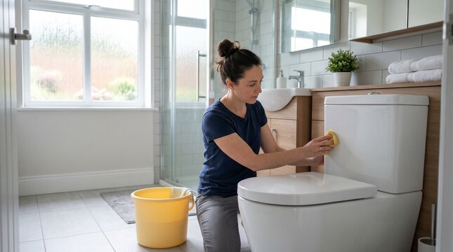 Woman cleaning the outside of a white toilet with a yellow sponge