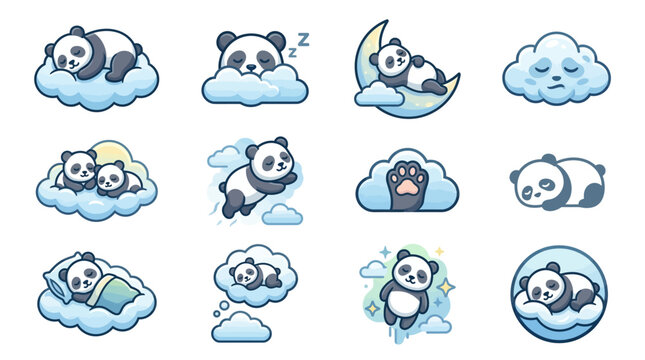 Cute cartoon pandas on clouds.