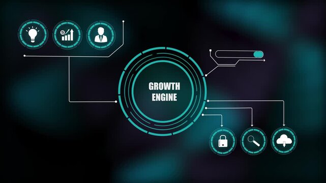 Futuristic growth engine infographic background loop, abstract hud interface with digital business icons, motion graphics of data connection concept.