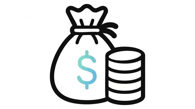 Animated line art of a money bag and stack of coins 4k
