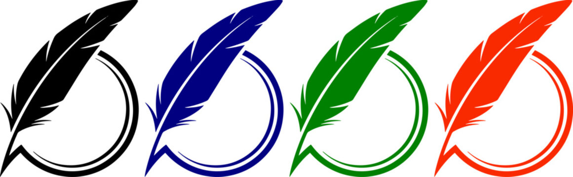 Four quill pen icons with circles in black blue green and red colors