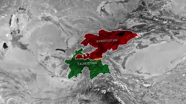 Animated map showing the glowing, tense border between Kyrgyzstan and Tajikistan, highlighting regional conflict footage