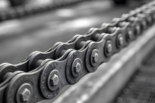 Industrial metal drive chain segment close up with industrial, mechanical