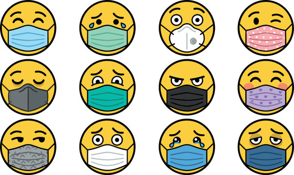 Cute emoji cartoon face vector set wearing medical face masks with sad crying angry happy and funny expressions for pandemic healthcare communication.