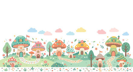 Fototapeta premium A whimsical and colorful vector illustration featuring a magical village of mushroom houses nestled among rolling hills and trees.