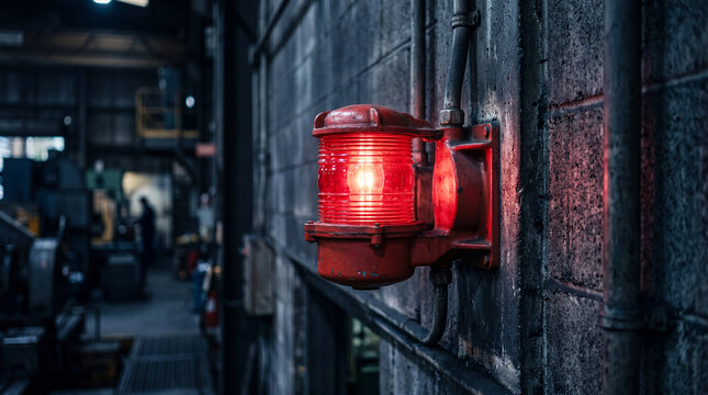 Warning Light in Industrial Setting: A stark red warning light glows ominously on a textured wall within a dimly lit industrial factory, conveying a sense of urgency and caution.