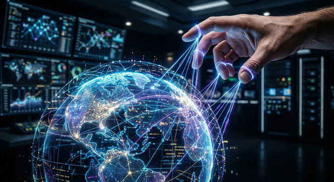 Hand controlling global internet traffic with digital strings
