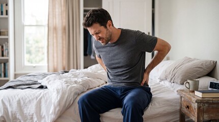 Fototapeta premium Morning Discomfort: A man sitting on the edge of his bed clutches his lower back, grimacing in pain as he wakes up.