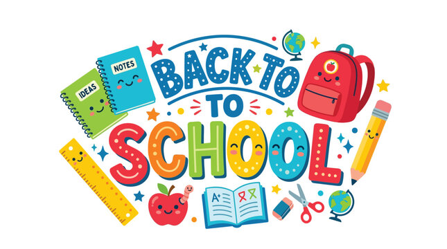 Whimsical cartoon horizontal banner composition filled with cute smiling back to school educational characters and supplies on white